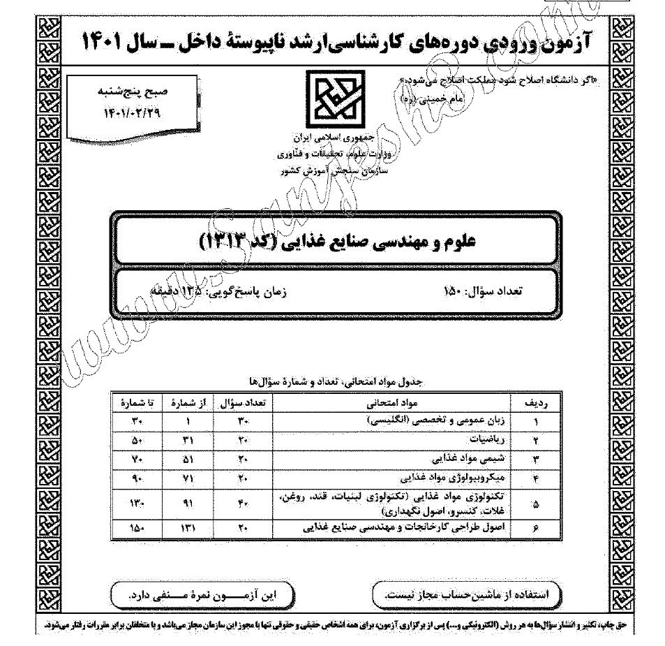 کتاب سوالات آزمون کارشناسی ارشد سراسری علوم و مهندسی صنایع غذایی 1401